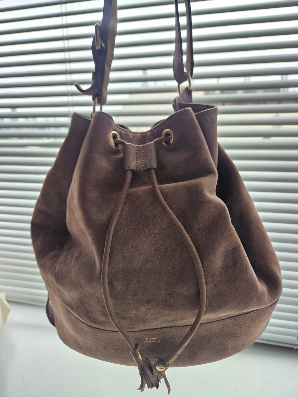 A.P.C. Brown Suede Leather Drawstring Bucket Bag